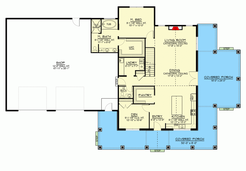 The floor plan for the main level of this agrestic barndominium. This layout provides a detailed overview of the interior spaces, illustrating the arrangement of rooms and areas on the ground level of this charming and Dutch-Gabled-inspired home.