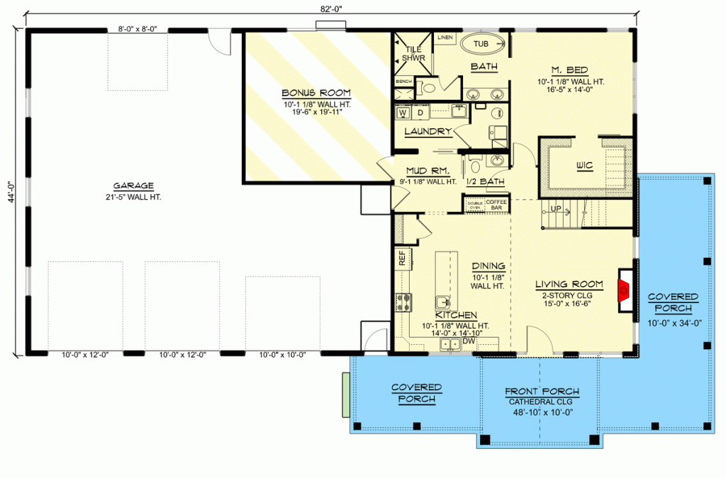 Main level floor plan of the traditional 2-story barndominium.