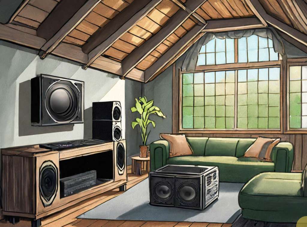 A clipart image of a living room of a barndominium with a sound system, green sofa and black coffee table.