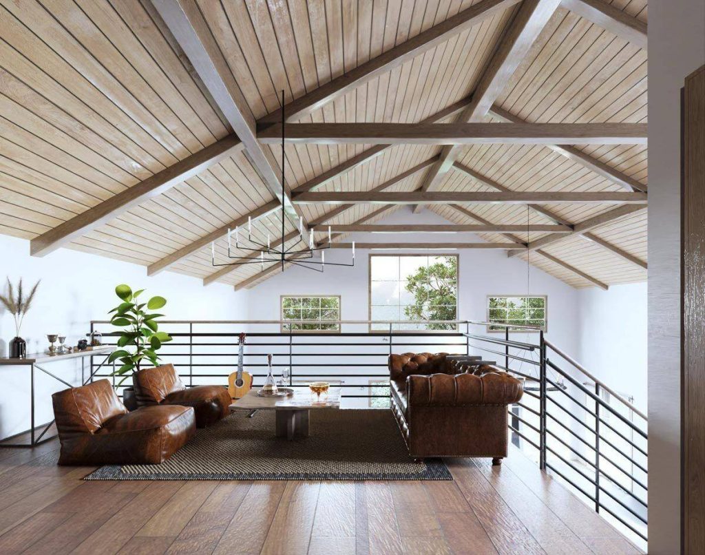The second floor of this stylish 3-bedroom modern barndominium, offering an elevated perspective of the structure. 