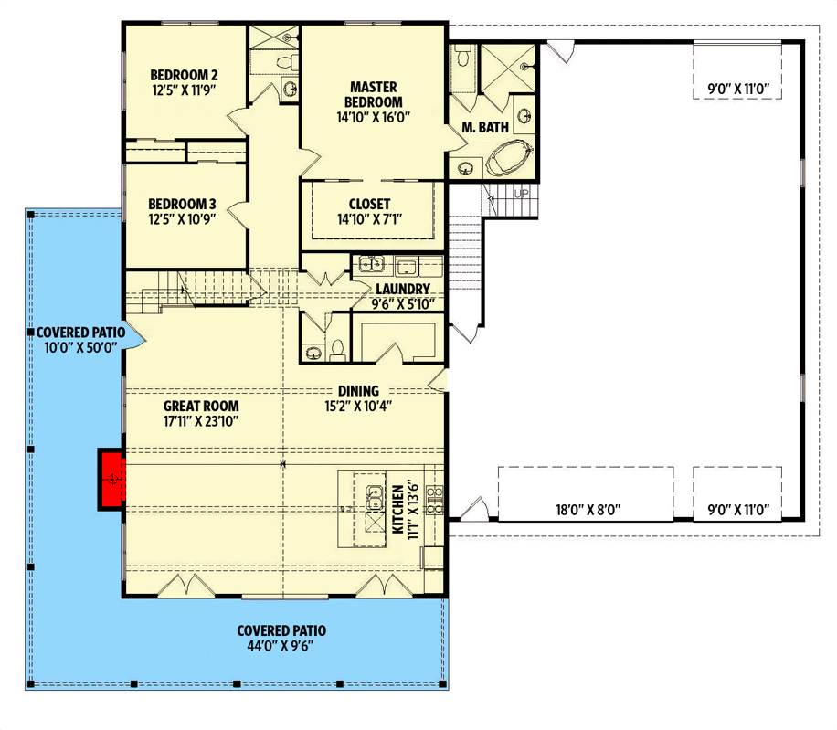 Main level floor plan of the chic 3-bed modern barndominium.