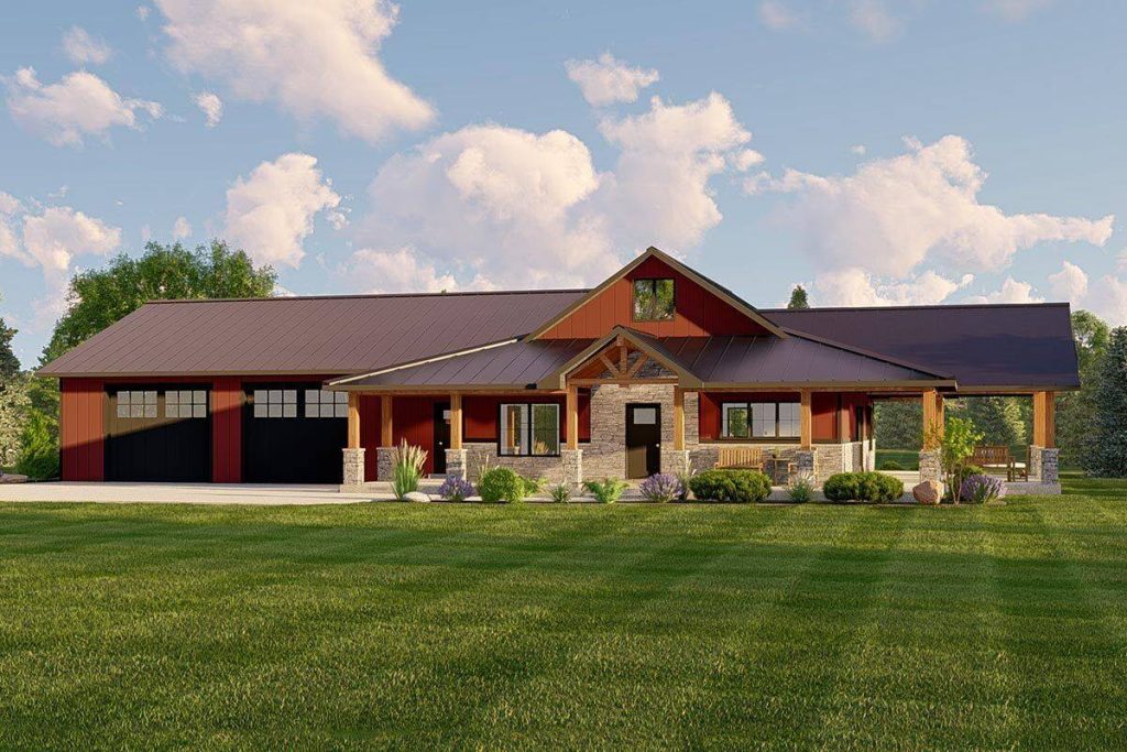 The frontal perspective of the barndominium, highlighting its inviting covered porch and an adjacent car garage. This view offers a comprehensive look at the architectural features that combine to create an attractive and functional front facade.