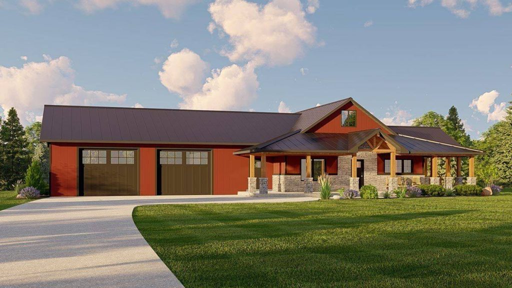 A front-facing view of the barndominium, with a primary focus on the entrance, substantial garage doors, and the expansive driveway. This perspective accentuates the welcoming features of the front facade, highlighting the spacious garage and ample parking space.