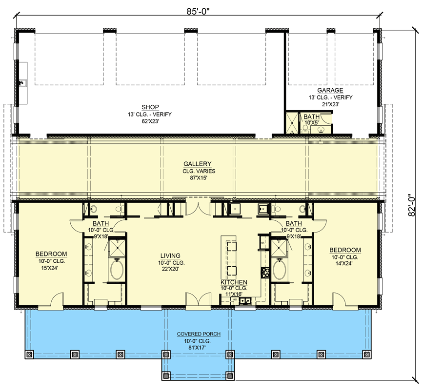 Main level floor plan of the barndominium with front porch.