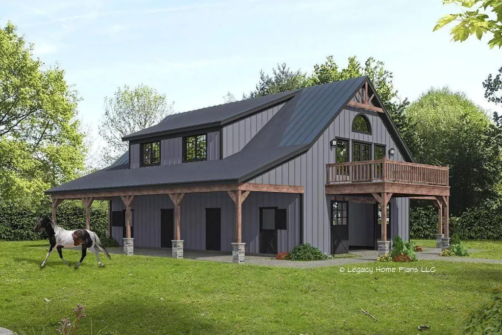 An angled front view of the ranch-style barndominium, focusing on the main entrance and the stall doors. This perspective provides insight into the design and practical elements of the structure, with a unique emphasis on the character of the entrance and the stall doors.