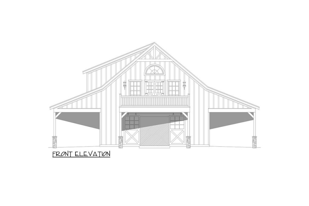 A detailed front elevation sketch of the ranch-style barndominium, placing emphasis on the main entrance and the charming side porches. This illustration offers a comprehensive visual representation of the architectural elements that define the structure, including the welcoming entrance and the functional porches.