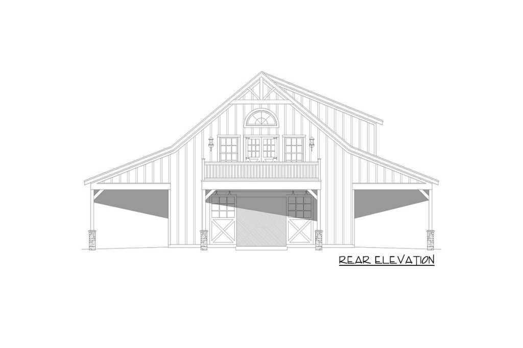 A detailed rear elevation sketch of the ranch-style barndominium, providing a visual representation of the architectural features and layout of the structure when viewed from the rear. This sketch offers insights into the design and overall appearance of the barndominium's backside.