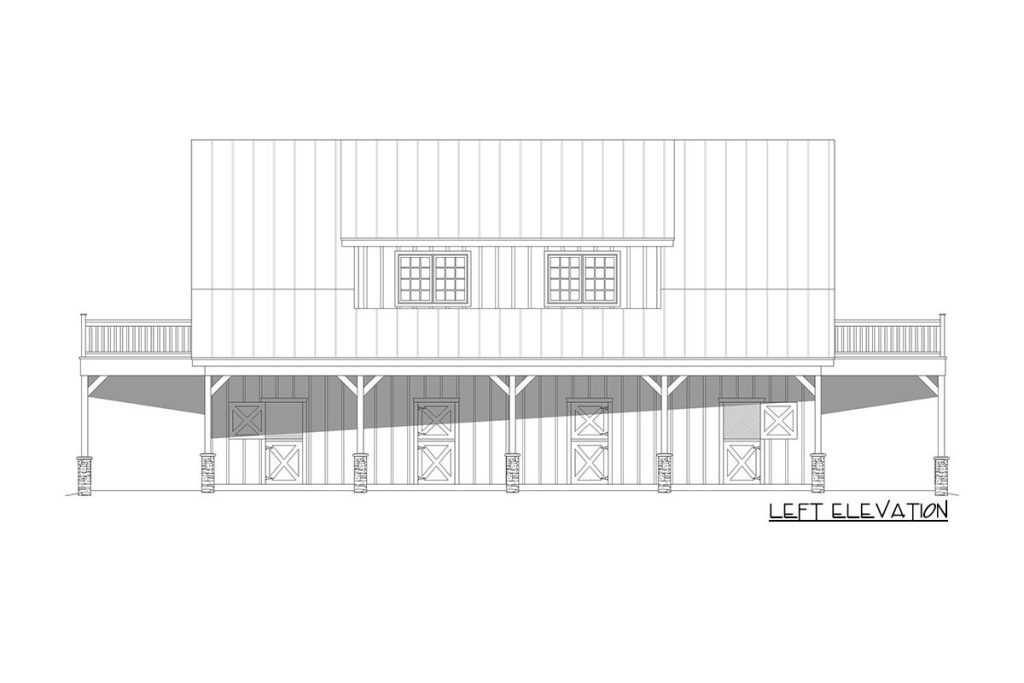 A detailed left elevation sketch of the ranch-style barndominium, with a specific focus on the stalls. This sketch provides a visual representation of the architectural design and layout of the structure when viewed from the left side, accentuating the functional aspects such as the stalls.