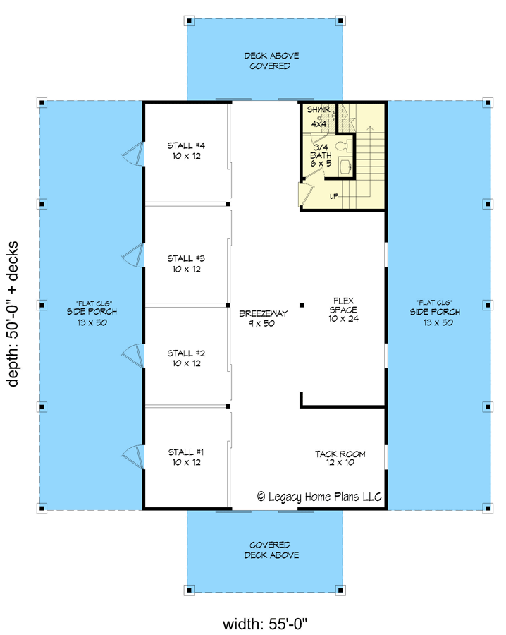 Main level floor plan of the ranch-style barndominium with side porches.