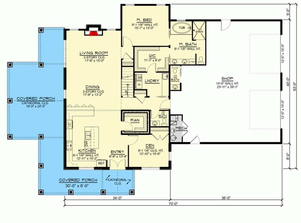 Main level floor plan of this appealing barndominium with a covered porch.