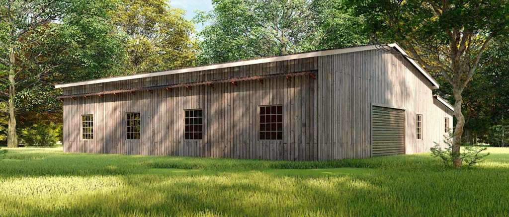 133701HBM metal building barndominium stable 2600 sq. ft. with living quarters timber siding side view