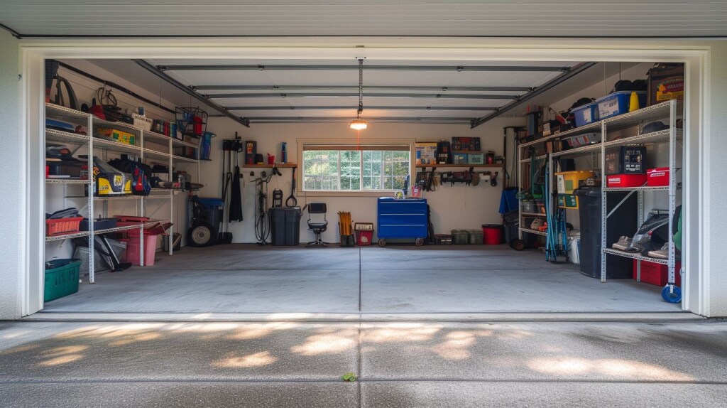 A white open 2-car garage with stored items on its shelves
