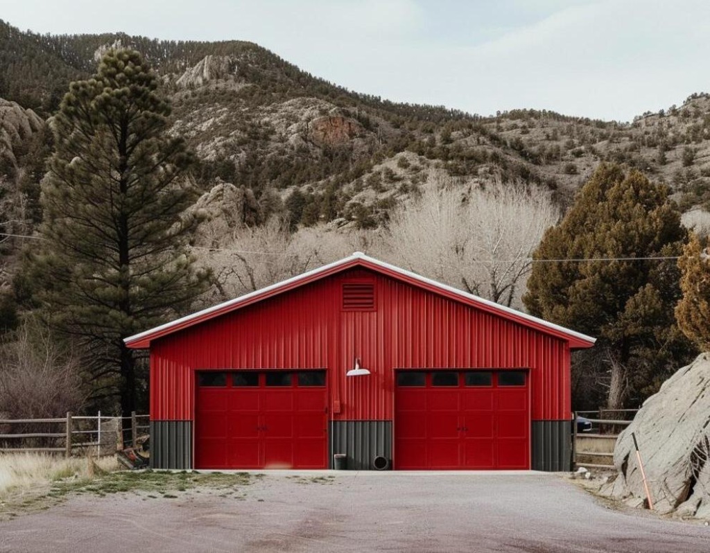 A red 2-car metal garage with a bushy hill and trees in the background