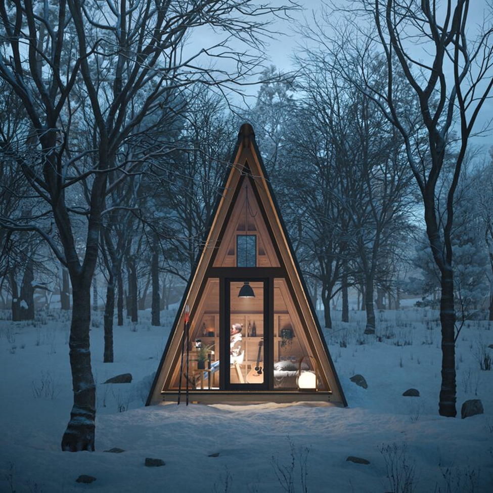 The smallest and most streamlined cabin option, distills the iconic A-frame aesthetic down to its purest essentials. Image and caption via thebackcountryhutcompany.com