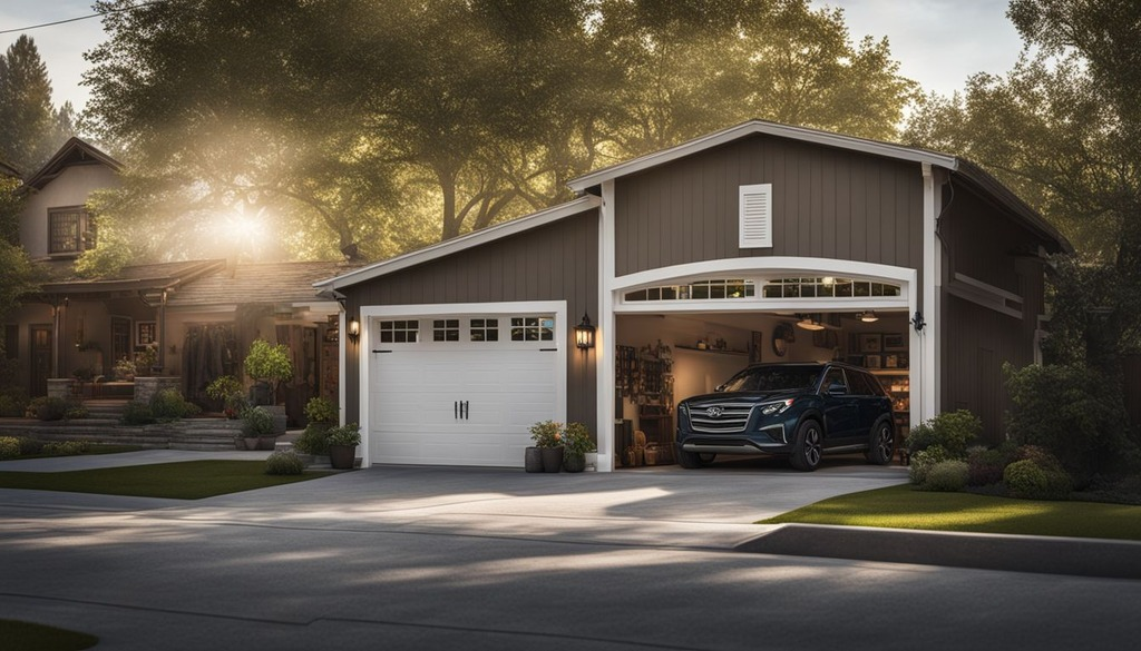 A spacious 2-car garage with a parked SUV in a well-maintained suburban neighborhood