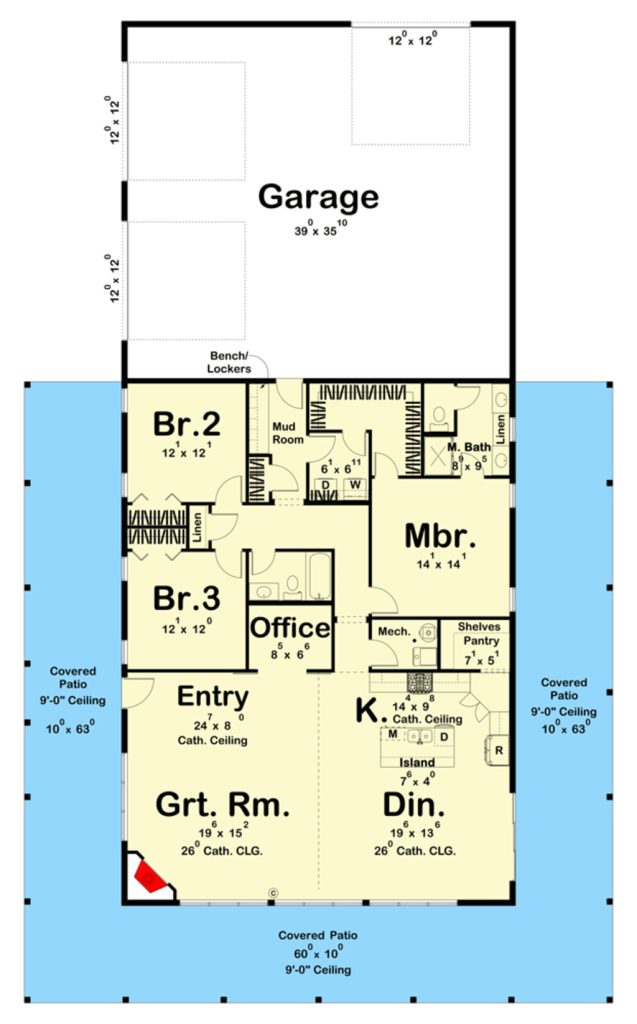 The floor plan of this barndominium showcases its  1-story interior with three bedrooms and a small home office. An attached garage completes the unit.