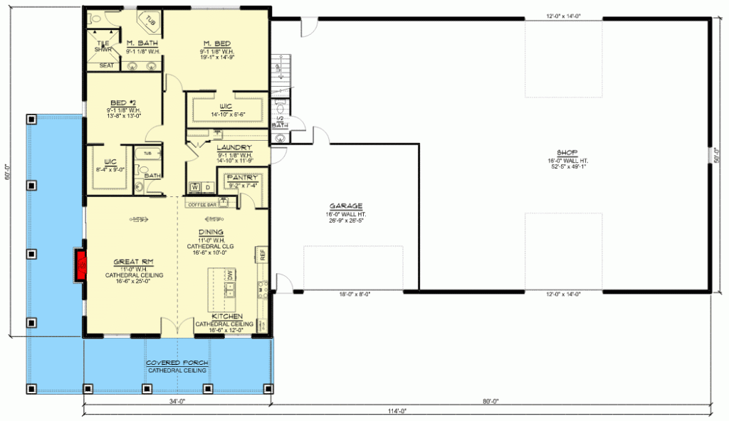 Main level floor plan of this shouse barndominium with attached shop.