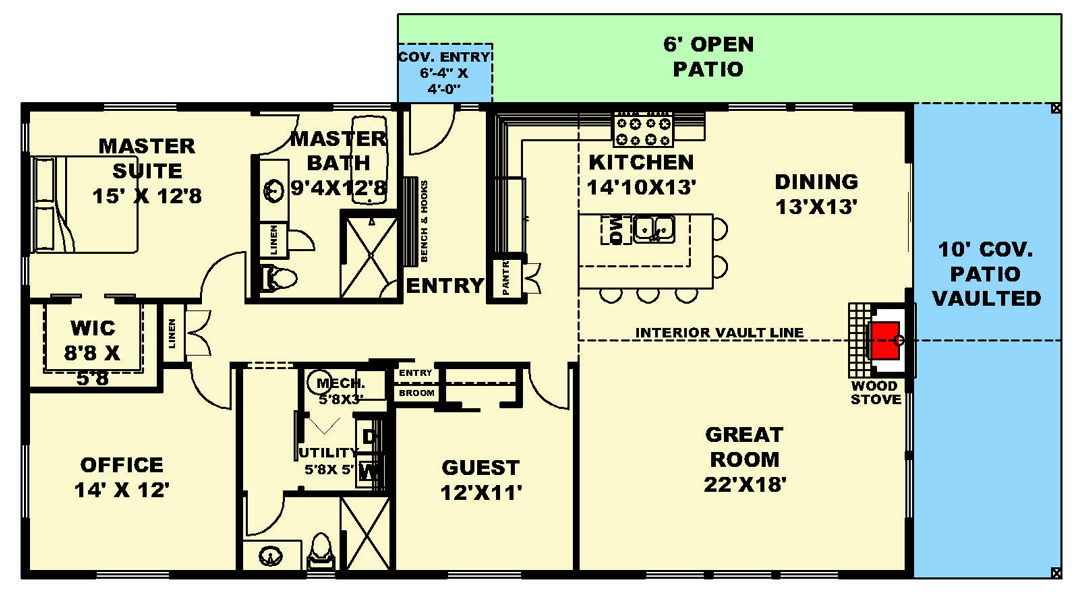 The floor plan of this 2-bedroom barndominium with a home office