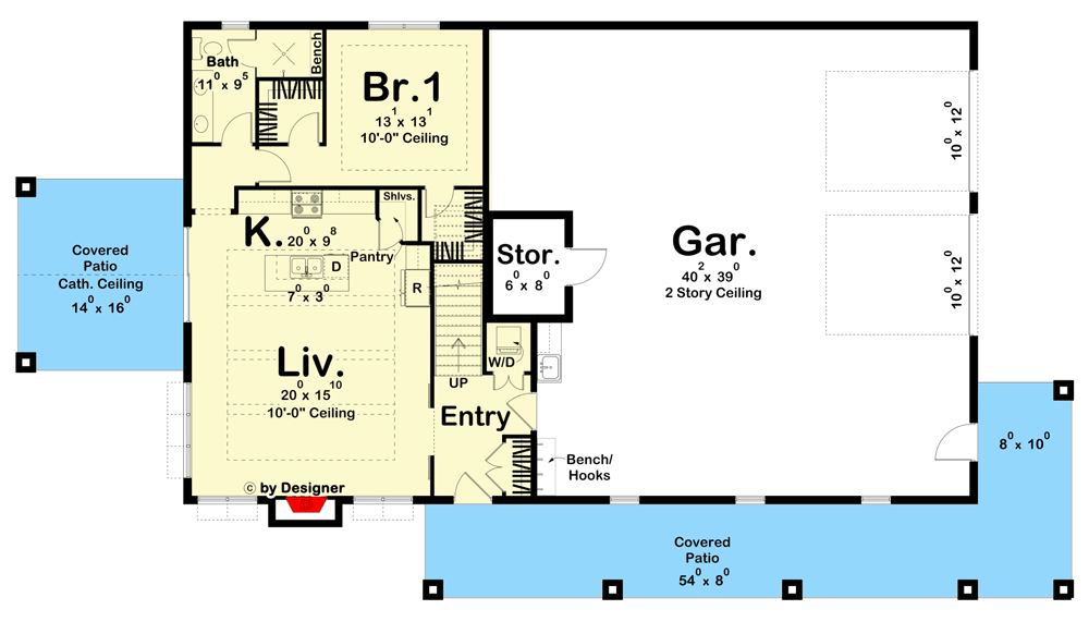 Main level floor plan of this shouse barndominium with a garage.