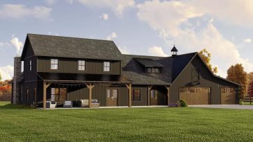 Contemporary 3-bedroom barndominium with ranch-inspired attached garage