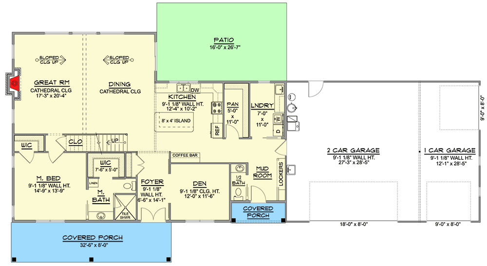 Main level floor plan of this contemporary 3-bedroom barndominium with ranch-Inspired attached garage