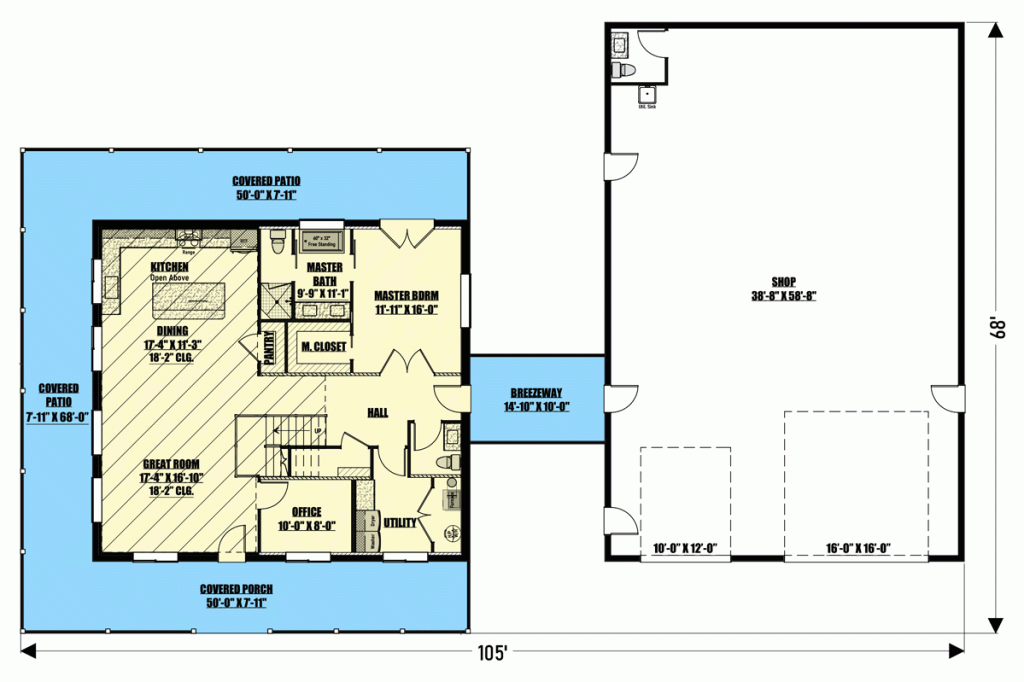 Main level floor plan of this 3-bedroom barndominium with detached workshop