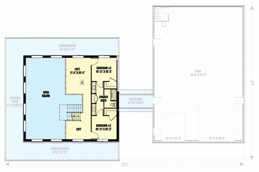 2nd level floor plan of this 3-bedroom barndominium.