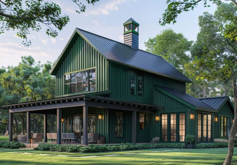 A beautiful green 2-story barndominium with a front porch and trees in the background