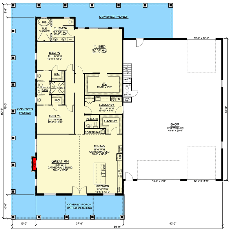 Main level floor plan of this barndominium with attached workshop garage