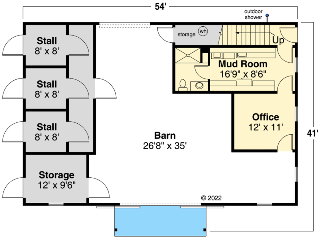The main floor plan of this garage apartment with a spacious mud room, office and stalls. 