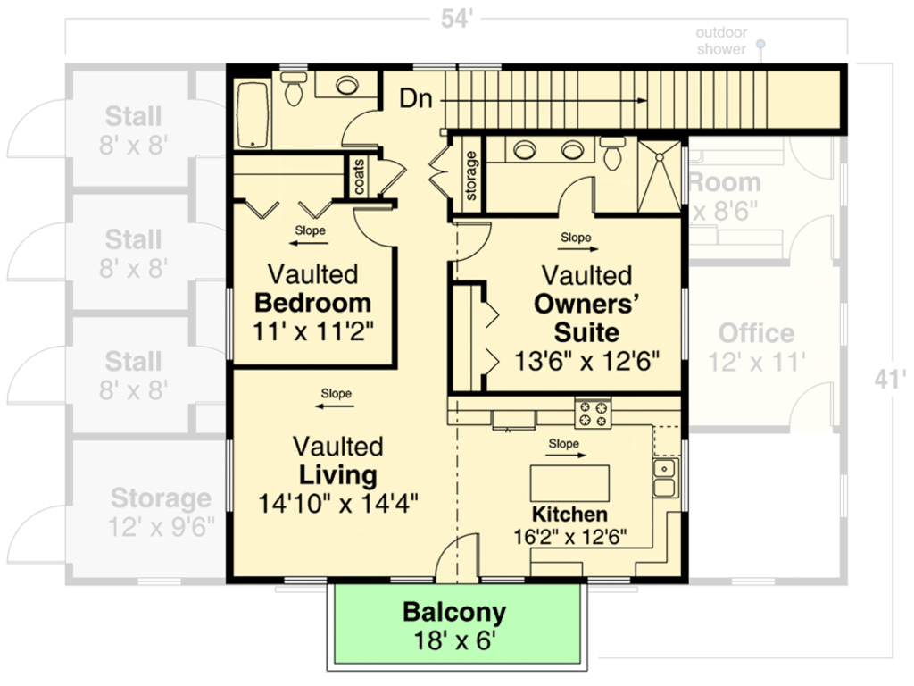 The second level floor plan of this garage apartment