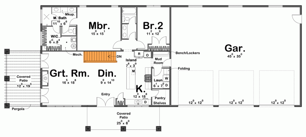 Floor plan of  this barndo-style house showing the basement stairs location
