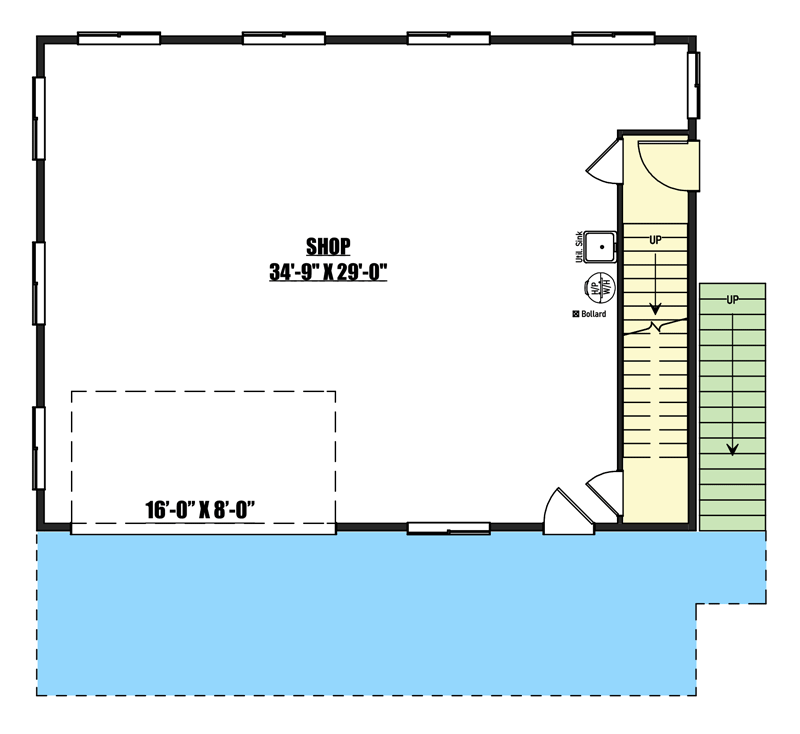 Main level floor plan of this 2-bedroom barndominium showcasing the shop.
