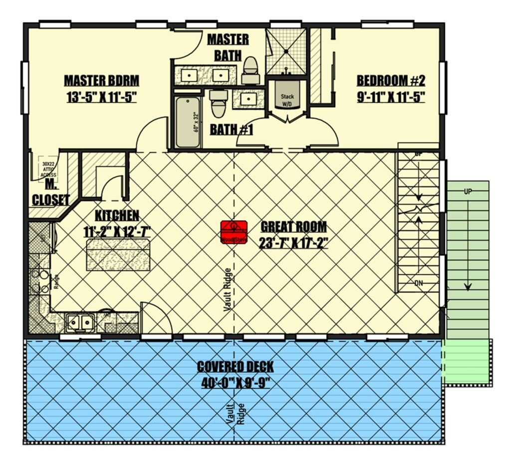 2nd level floor plan of this 2-bedroom barndominium showcasing the living area.