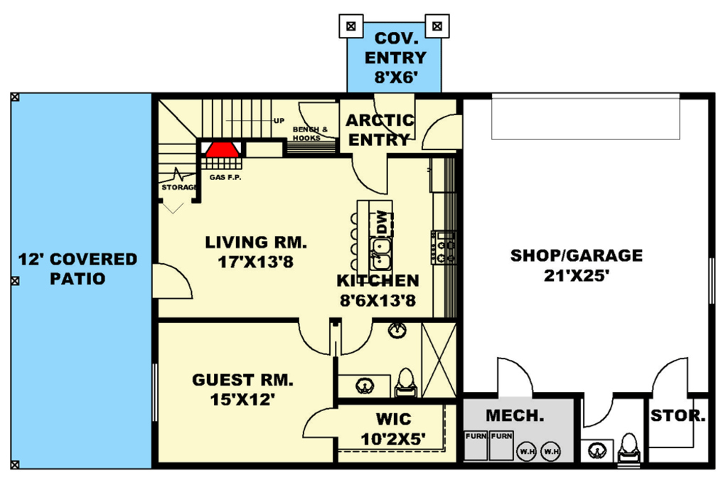 Main level floor plan of this barndominium with attached garage/shop