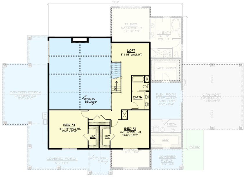 2nd level floor plan of this stunning country-style barndominium with 2-slot covered carport