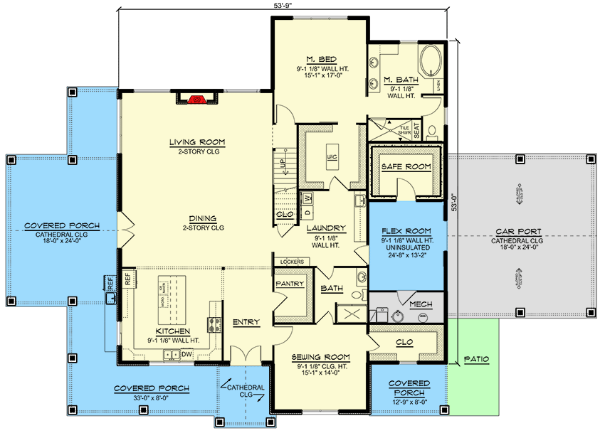 Main level floor plan of this stunning country-style barndominium with 2-slot covered carport
