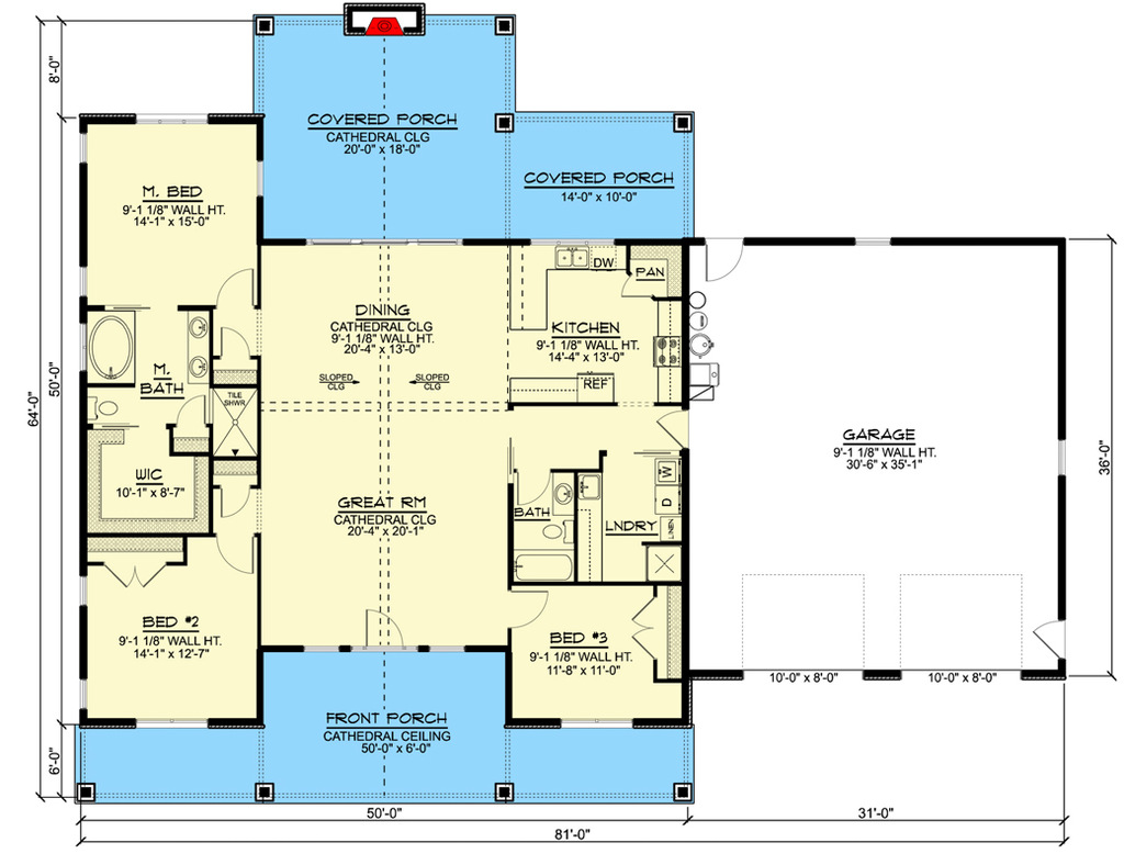 Main level floor plan of this craftsman barndominium with garage.