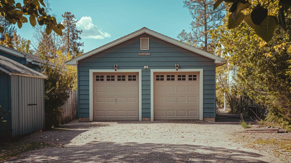A blue and white detached 2-car garage with trees in the background