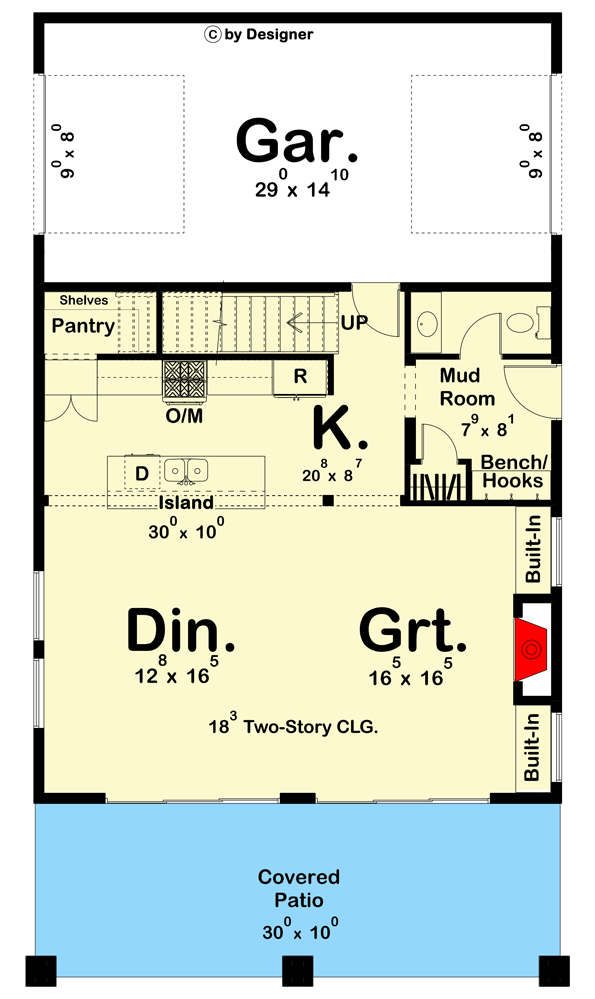 Main level floor plan of this loft barndominium with the garage