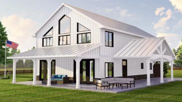 A white modern 2-story barndominium with 2 covered porches