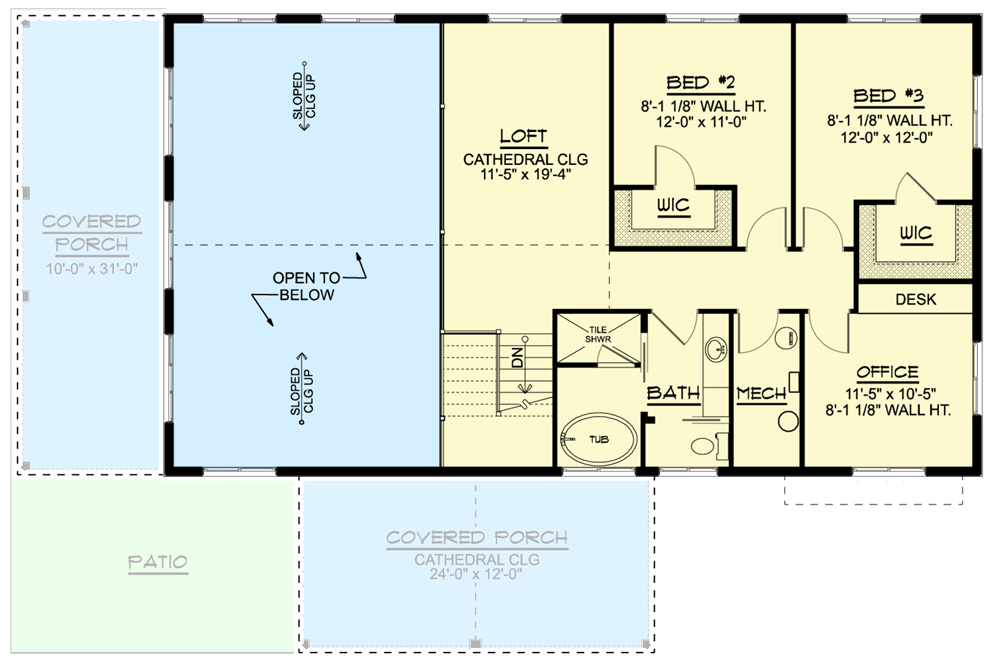 2nd level floor plan of this modern barndominium with 3 bedrooms
