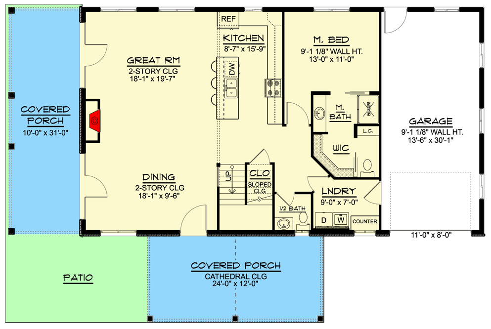 Main level floor plan of this modern barndominium with side porches.