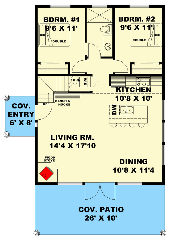 Main floor plan of this mountain loft barndominium with a 2-story-high covered patio