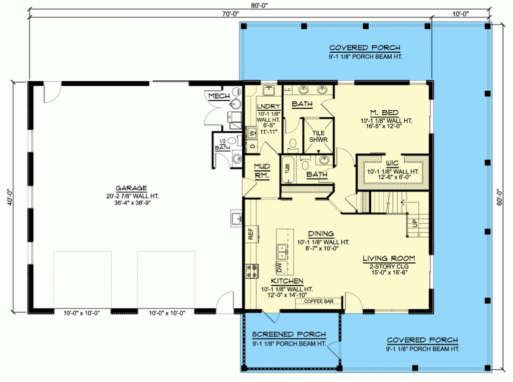 Main level floor plan of this rural barndominium with a screened porch.