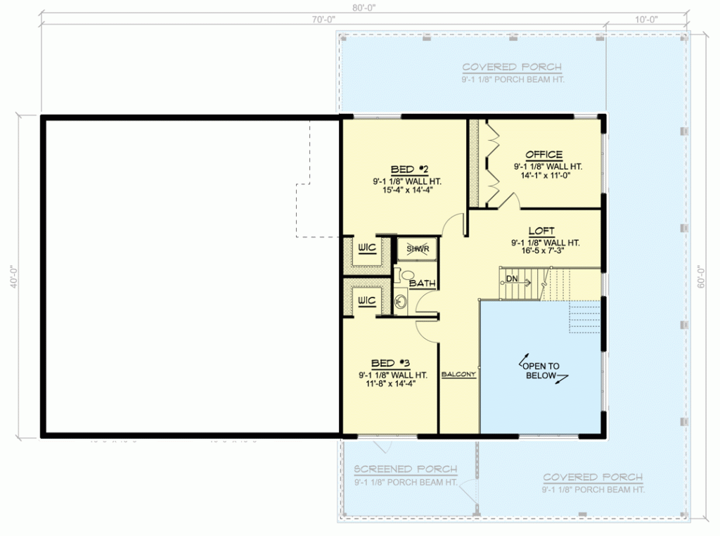 2nd level floor plan of this rural barndominium showcasing the bedrooms.