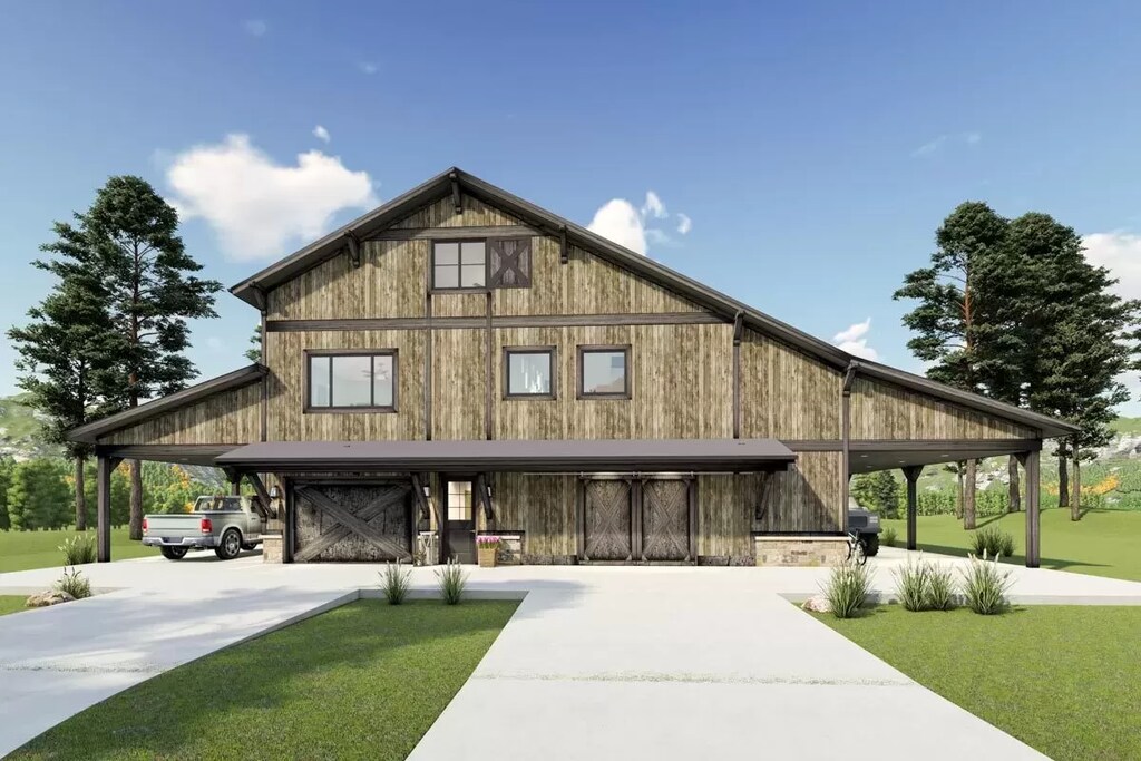 Captivating 3-Level timber barndominium with 2 master bedrooms