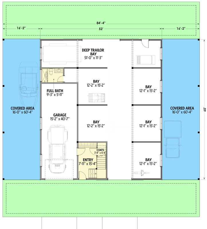Main level floor plan of this timber barndominium showcasing the garage and parking bays.