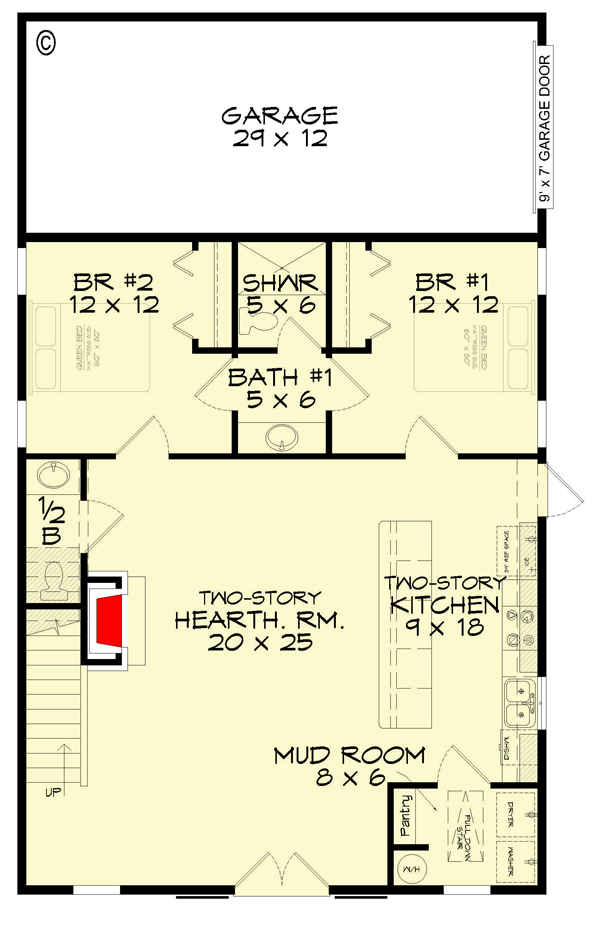 Main level floor plan of this timber-clad barndominium with a single-port car garage