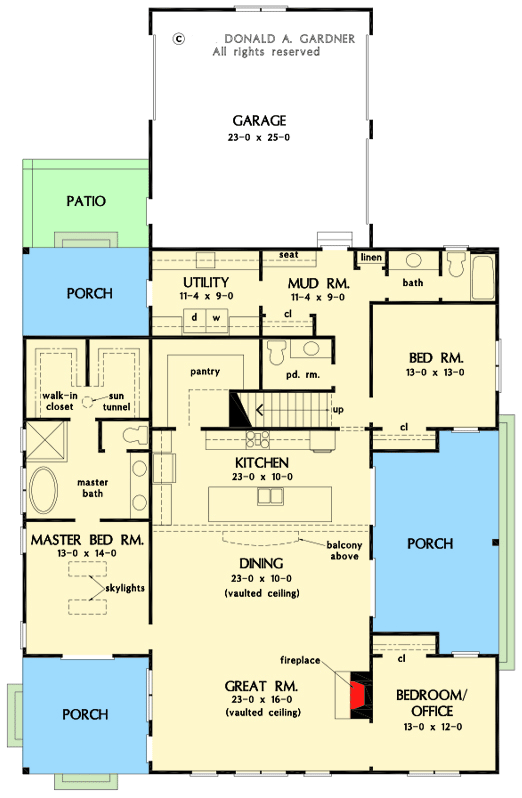 Main level floor plan of this  barndominium plan with a garage